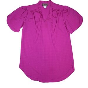 Vintage First Glance Blouse Womens L Fuschia Tie Neck Puffed Sleeve Coquette